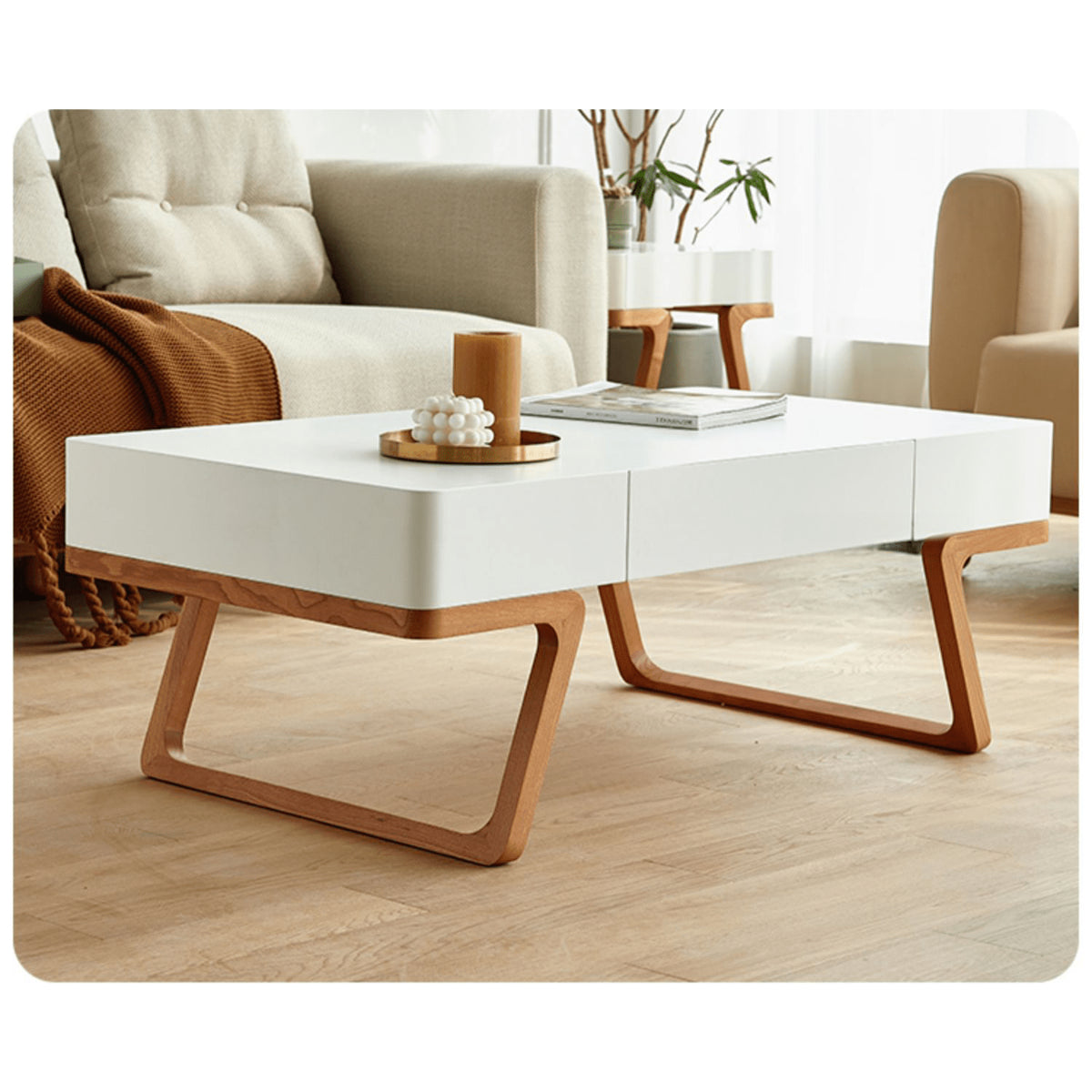 Elegant Light Brown & Black Cherry Wood Tea Table - Durable Plywood & Metal Construction with Nylon Accents fmy-691