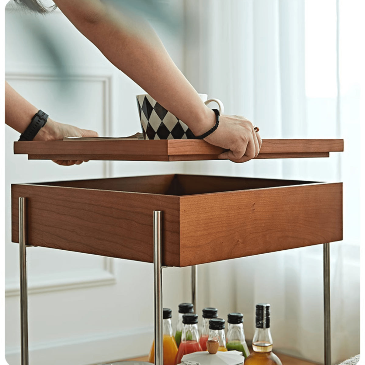 Stylish Multi-Material Tea Table: Light Brown Black Cherry Wood, Plywood, Stainless Steel, Nylon fmy-692