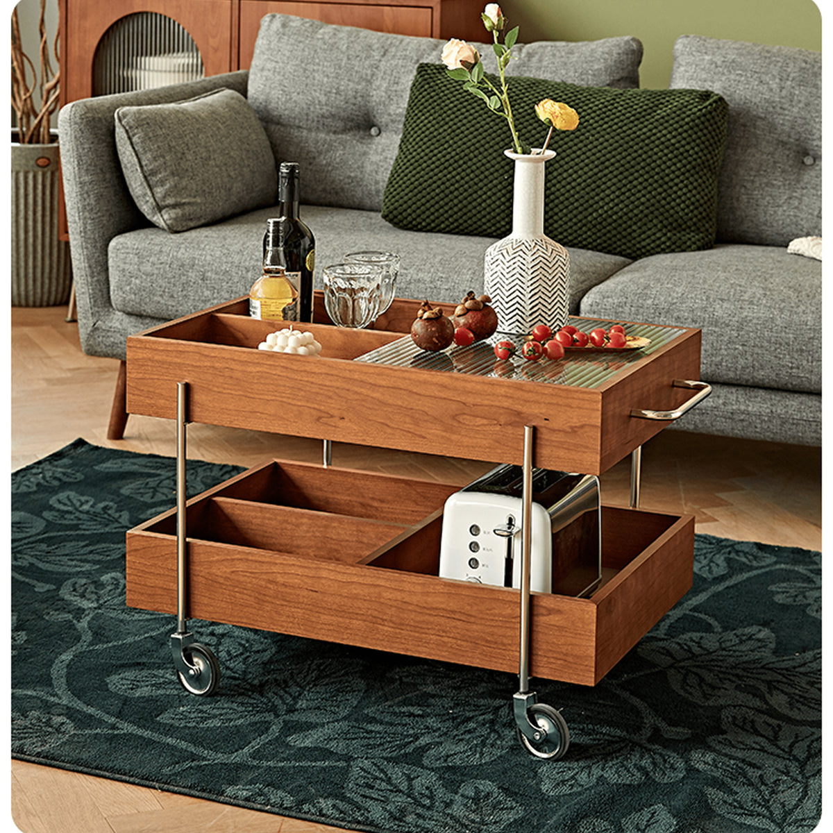 Stylish Multi-Material Tea Table: Light Brown Black Cherry Wood, Plywood, Stainless Steel, Nylon fmy-692