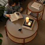 Cherry Wood & Rattan Coffee Table with Tempered Glass Top - Elegant Living Room Accent fpmxm-2780