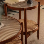 Cherry Wood & Rattan Coffee Table with Tempered Glass Top - Elegant Living Room Accent fpmxm-2780