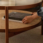 Cherry Wood & Rattan Coffee Table with Tempered Glass Top - Elegant Living Room Accent fpmxm-2780