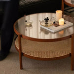 Cherry Wood & Rattan Coffee Table with Tempered Glass Top - Elegant Living Room Accent fpmxm-2780
