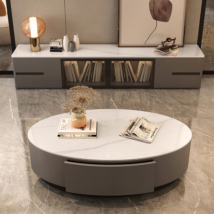 Modern Chic White & Gray Sintered Stone Tea Table with Metal and Synthetic Leather Accents frg-498