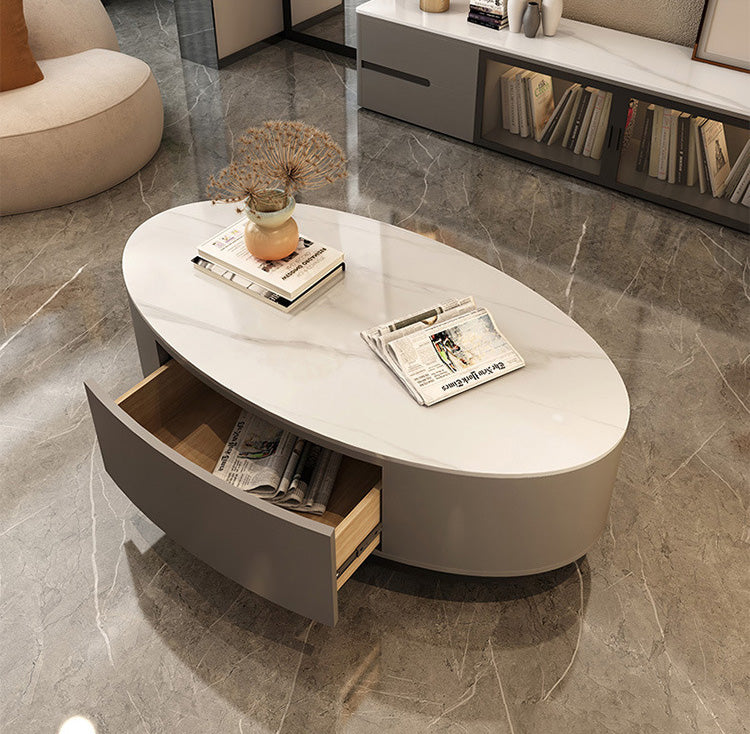 Modern Chic White & Gray Sintered Stone Tea Table with Metal and Synthetic Leather Accents frg-498