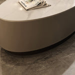 Modern Chic White & Gray Sintered Stone Tea Table with Metal and Synthetic Leather Accents frg-498