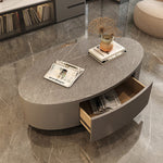 Modern Chic White & Gray Sintered Stone Tea Table with Metal and Synthetic Leather Accents frg-498