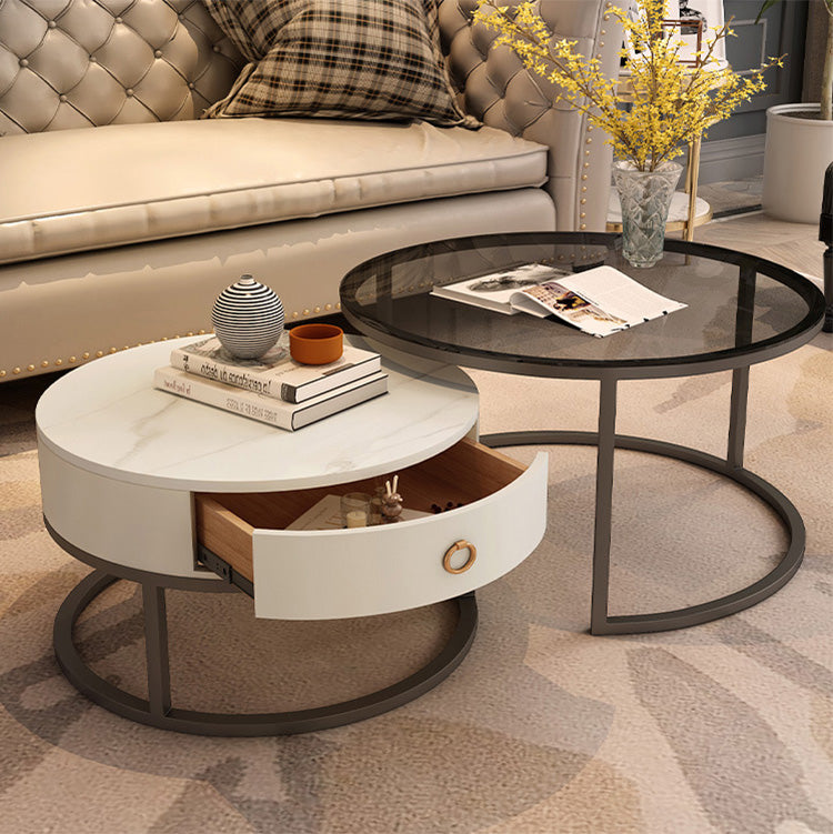 Elegant Modern Sintered Stone and Wood Tea Table with Metal & PU Leather Accents - Gray, White, Brown frg-502