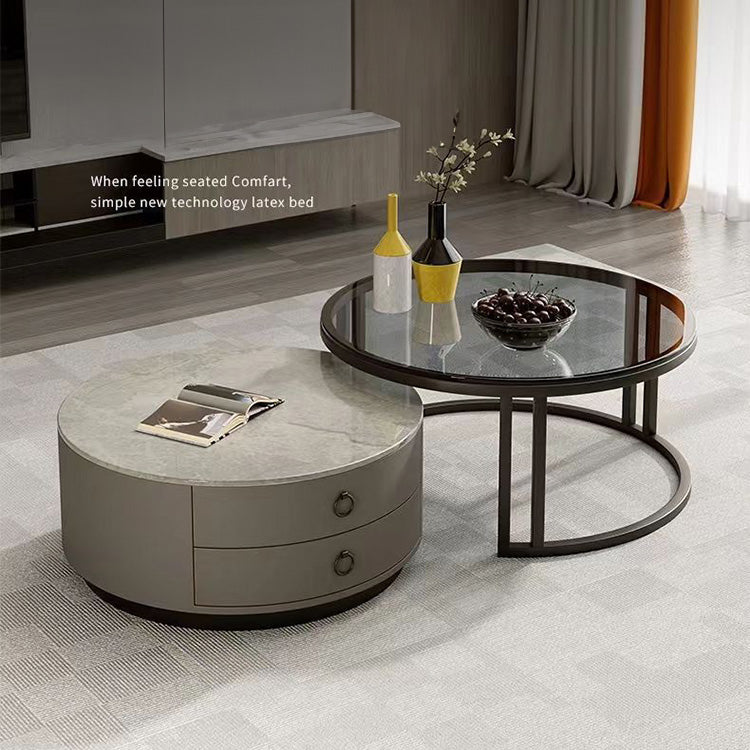 Elegant Modern Sintered Stone and Wood Tea Table with Metal & PU Leather Accents - Gray, White, Brown frg-502