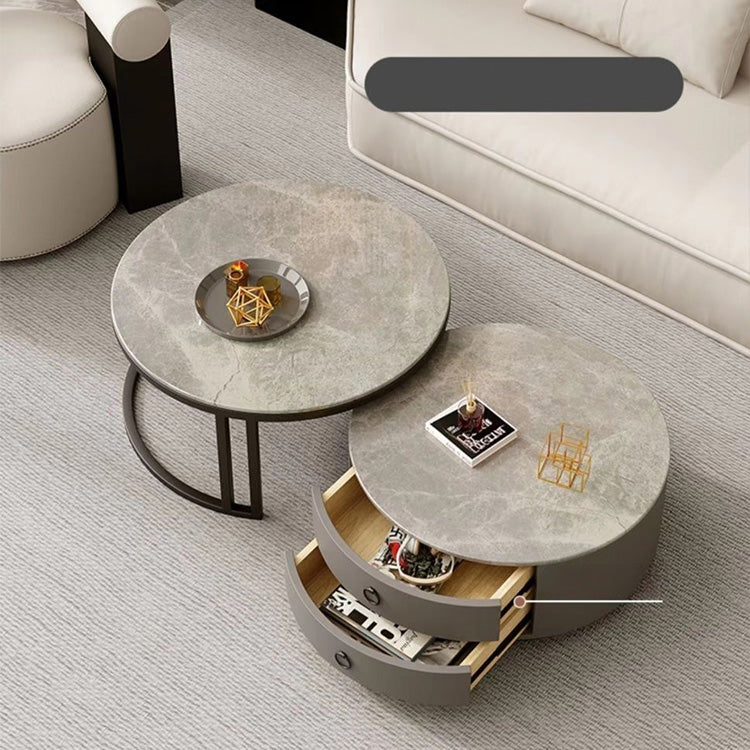 Elegant Modern Sintered Stone and Wood Tea Table with Metal & PU Leather Accents - Gray, White, Brown frg-502