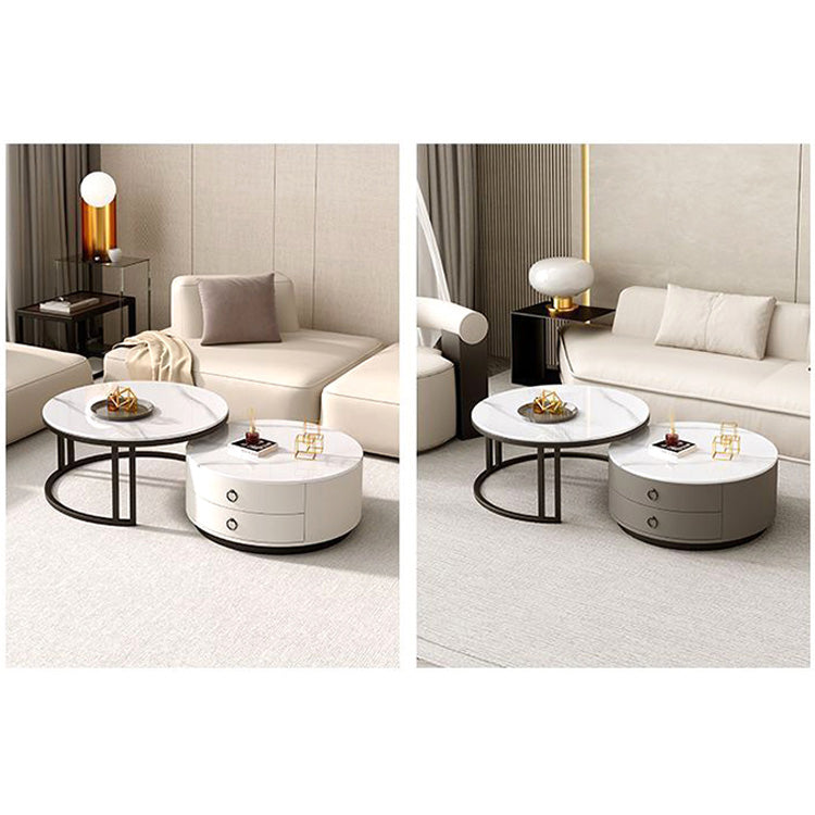 Elegant Modern Sintered Stone and Wood Tea Table with Metal & PU Leather Accents - Gray, White, Brown frg-502