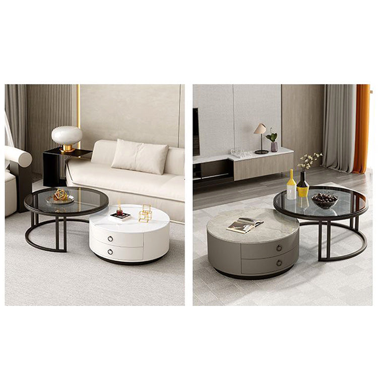 Elegant Modern Sintered Stone and Wood Tea Table with Metal & PU Leather Accents - Gray, White, Brown frg-502