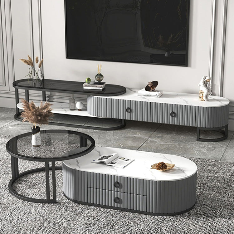 Luxury Sintered Stone and Synthetic Leather Tea Table - Modern White, Black, Gray, Brown Metal Design frg-503