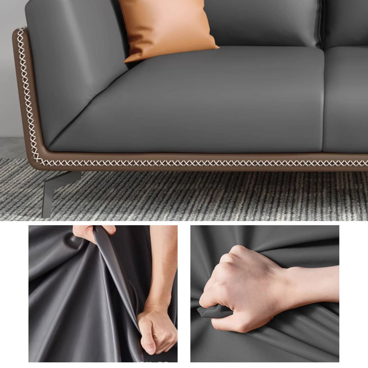 Luxurious Dark Brown Gray Sofa with Solid Wood Frame - Orange and Latex Faux Leather Upholstery fsj-1027