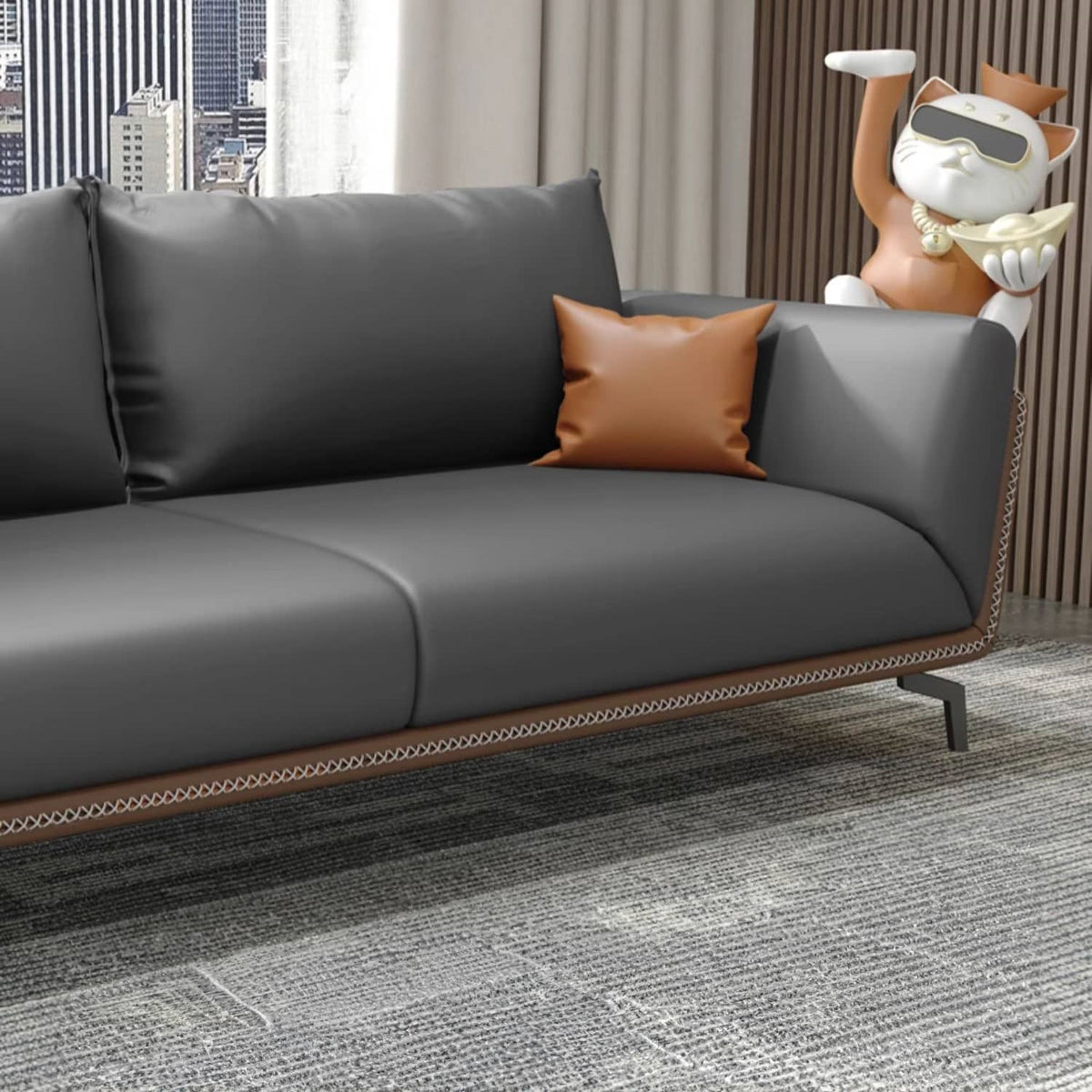 Luxurious Dark Brown Gray Sofa with Solid Wood Frame - Orange and Latex Faux Leather Upholstery fsj-1027