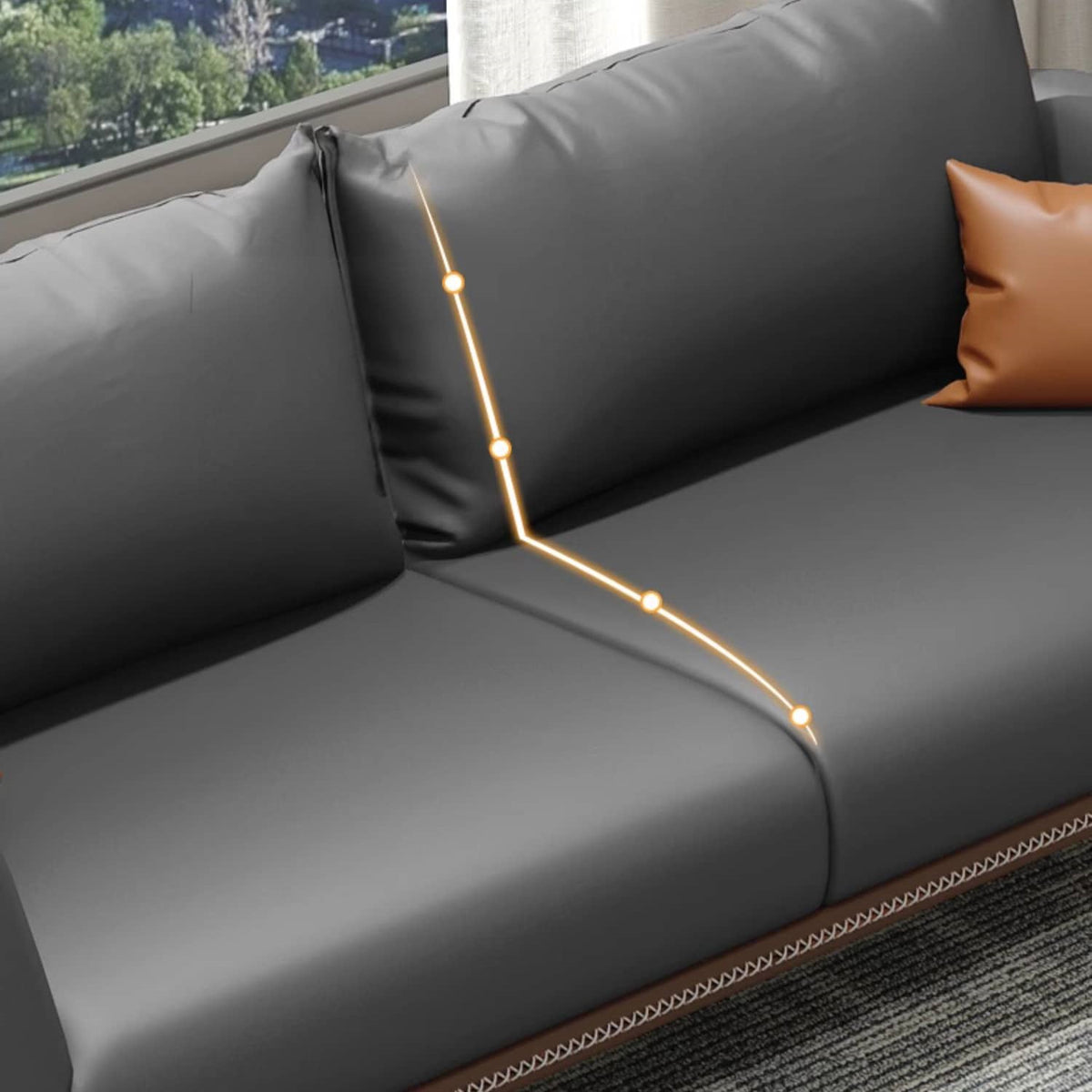 Luxurious Dark Brown Gray Sofa with Solid Wood Frame - Orange and Latex Faux Leather Upholstery fsj-1027