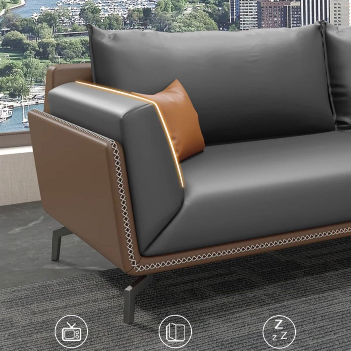 Luxurious Dark Brown Gray Sofa with Solid Wood Frame - Orange and Latex Faux Leather Upholstery fsj-1027