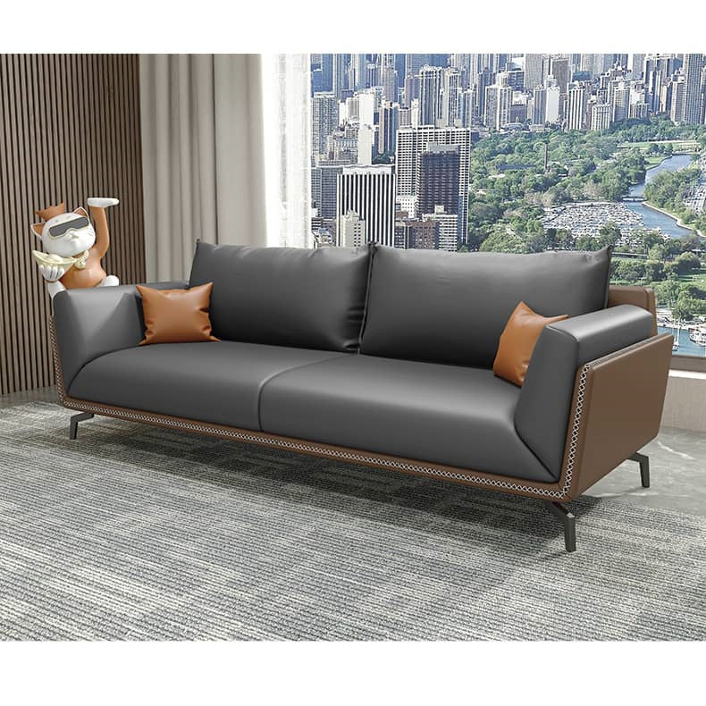 Luxurious Dark Brown Gray Sofa with Solid Wood Frame - Orange and Latex Faux Leather Upholstery fsj-1027