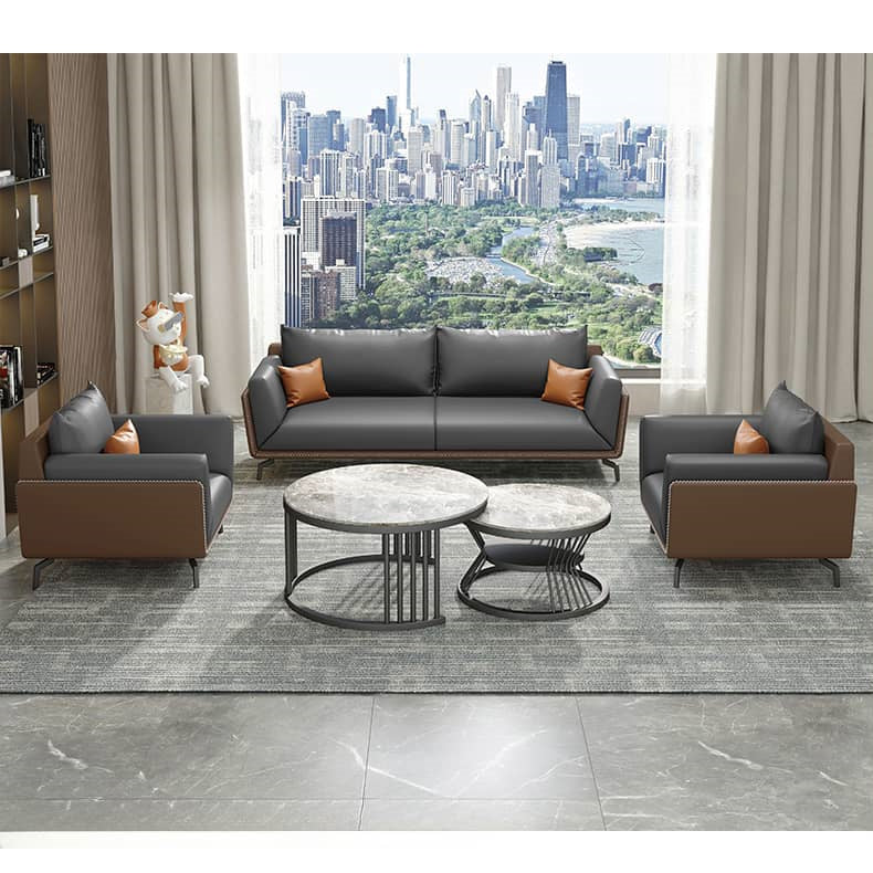 Luxurious Dark Brown Gray Sofa with Solid Wood Frame - Orange and Latex Faux Leather Upholstery fsj-1027