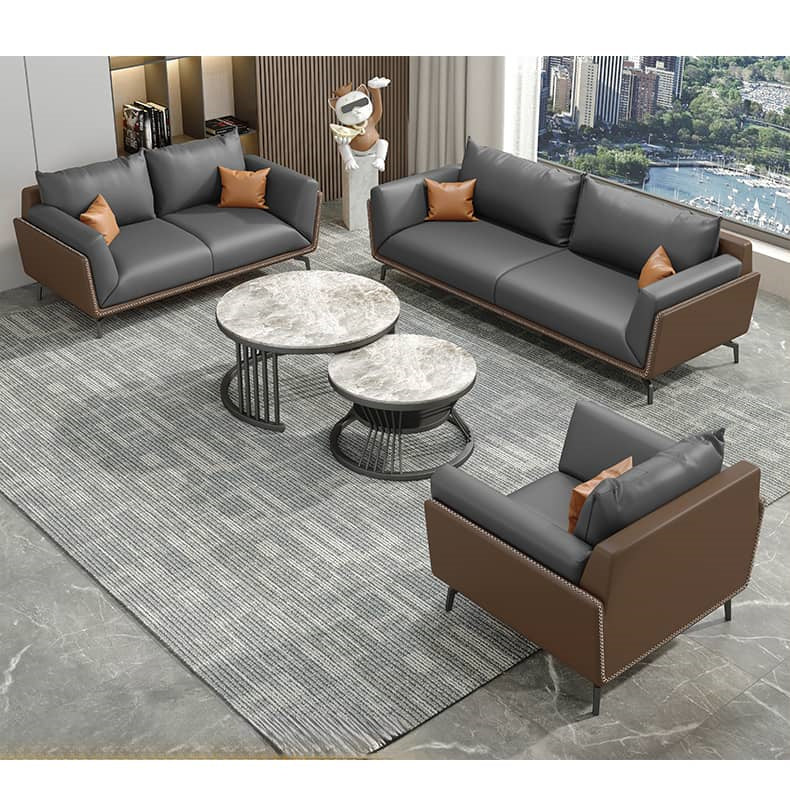 Luxurious Dark Brown Gray Sofa with Solid Wood Frame - Orange and Latex Faux Leather Upholstery fsj-1027