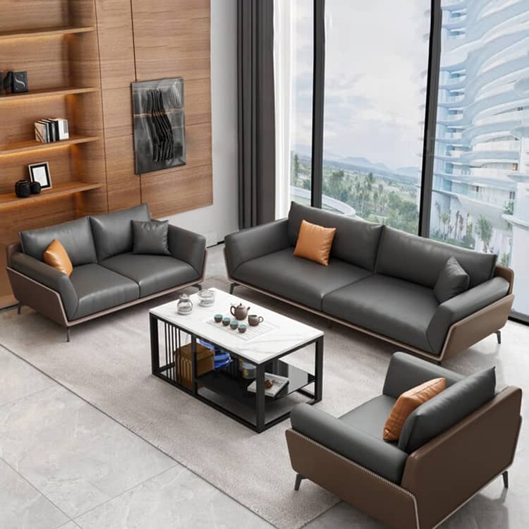 Luxurious Dark Brown Gray Sofa with Solid Wood Frame - Orange and Latex Faux Leather Upholstery fsj-1027