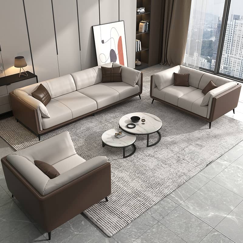 Modern Light Gray Sofa with Dark Brown Pine Wood Frame and Faux Leather Accents fsj-1029