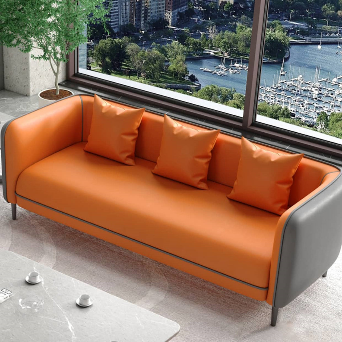 Modern Orange & Gray Faux Leather Sofa with Pine Wood Frame fsj-1030