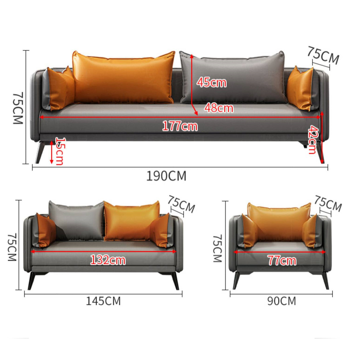 Elegant Orange and Gray Sofa - Black Solid Wood Frame with Durable Faux Leather Finish fsj-1032