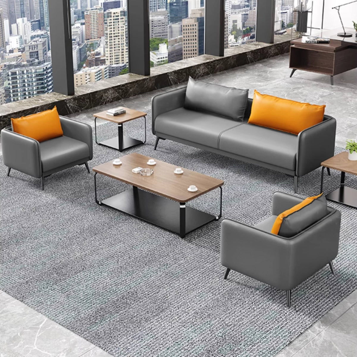 Modern Stylish Sofa - Orange, Gray, Black Faux Leather with Solid Wood Frame fsj-1033