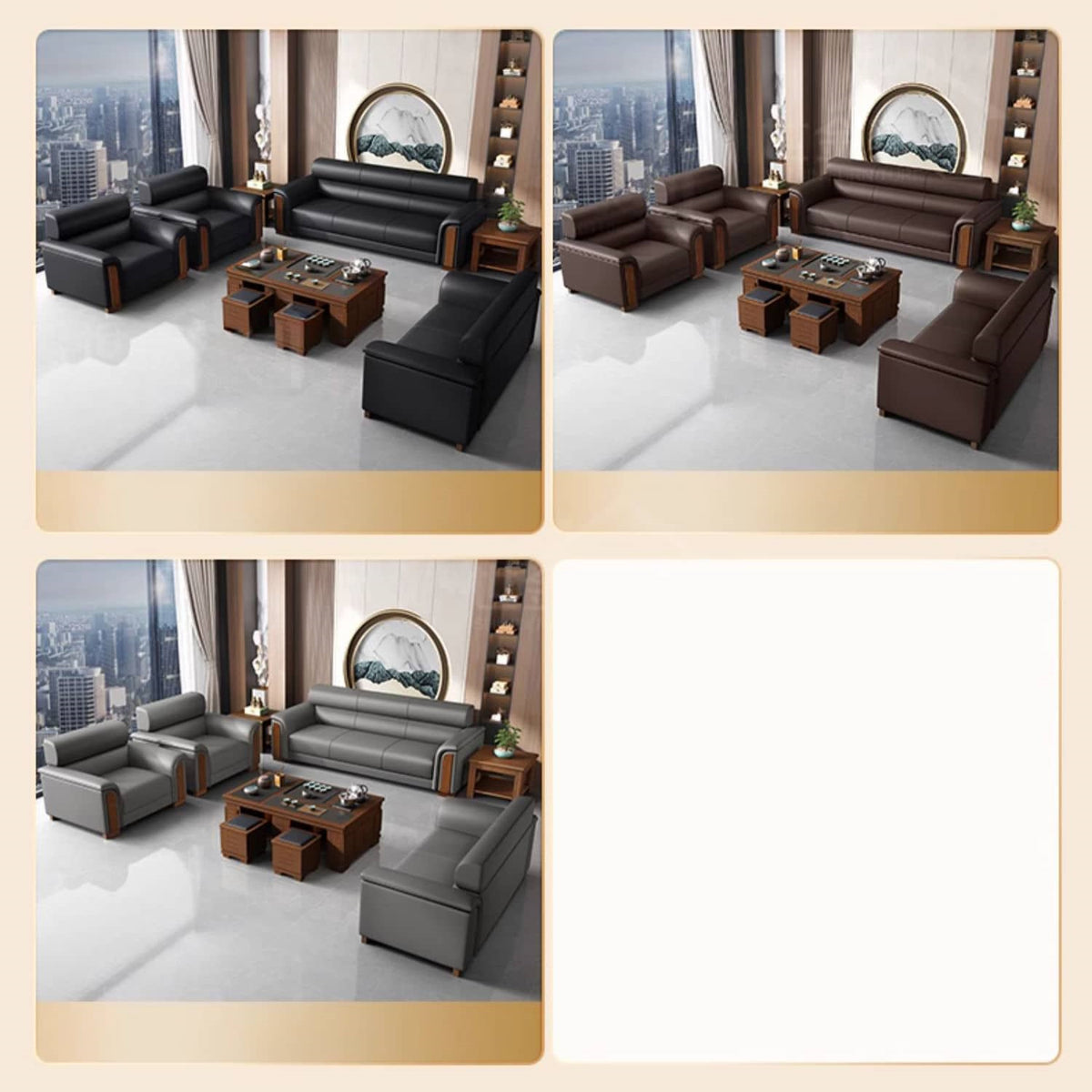 Stylish Solid Wood Sofa with Faux Leather Upholstery in Black, Light Brown, and Gray fsj-1035