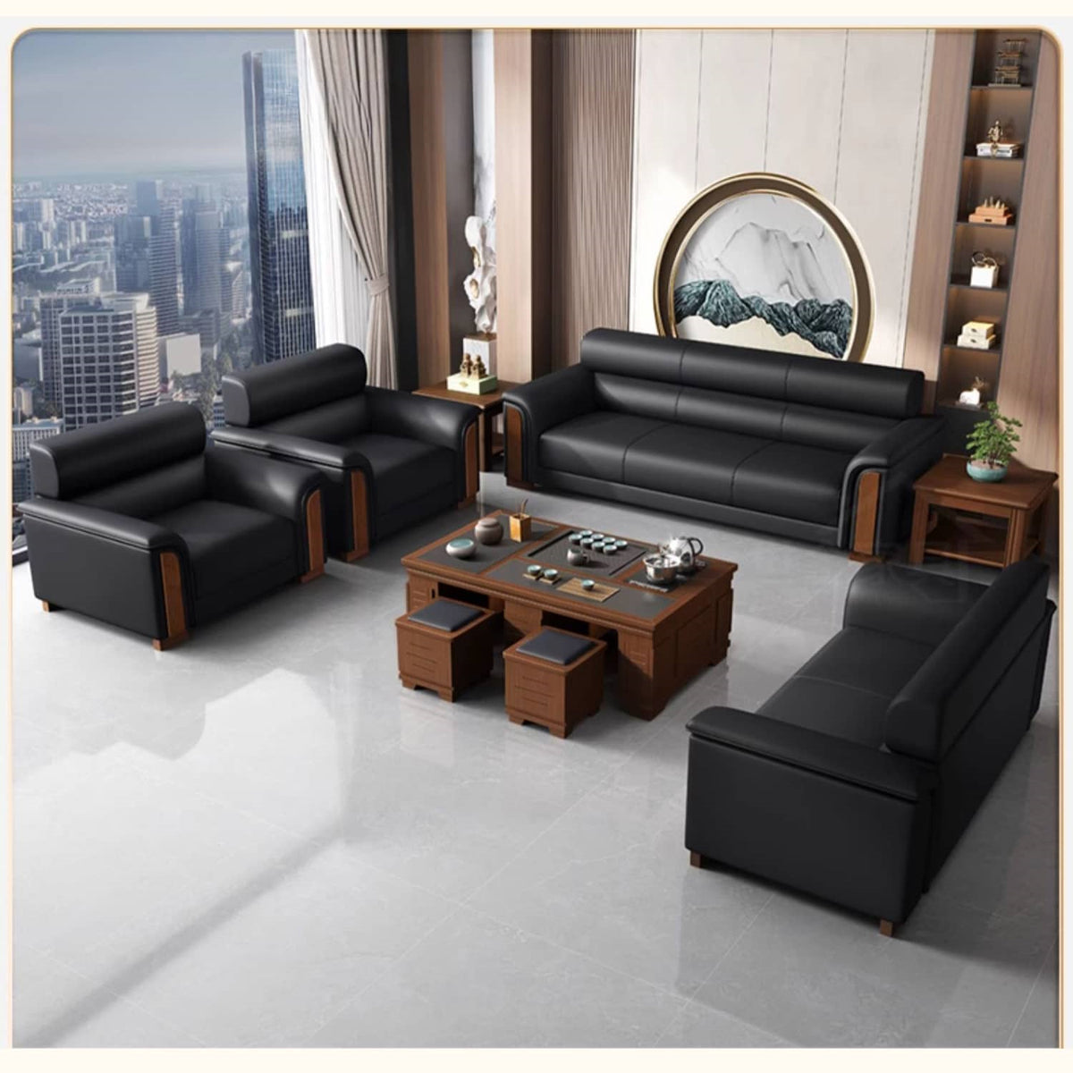 Stylish Solid Wood Sofa with Faux Leather Upholstery in Black, Light Brown, and Gray fsj-1035