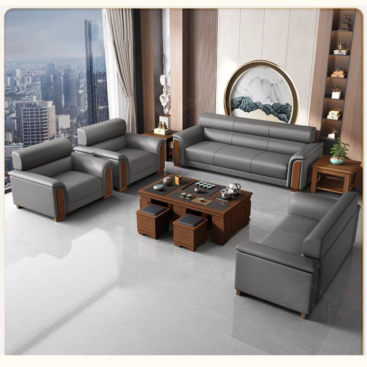 Stylish Solid Wood Sofa with Faux Leather Upholstery in Black, Light Brown, and Gray fsj-1035