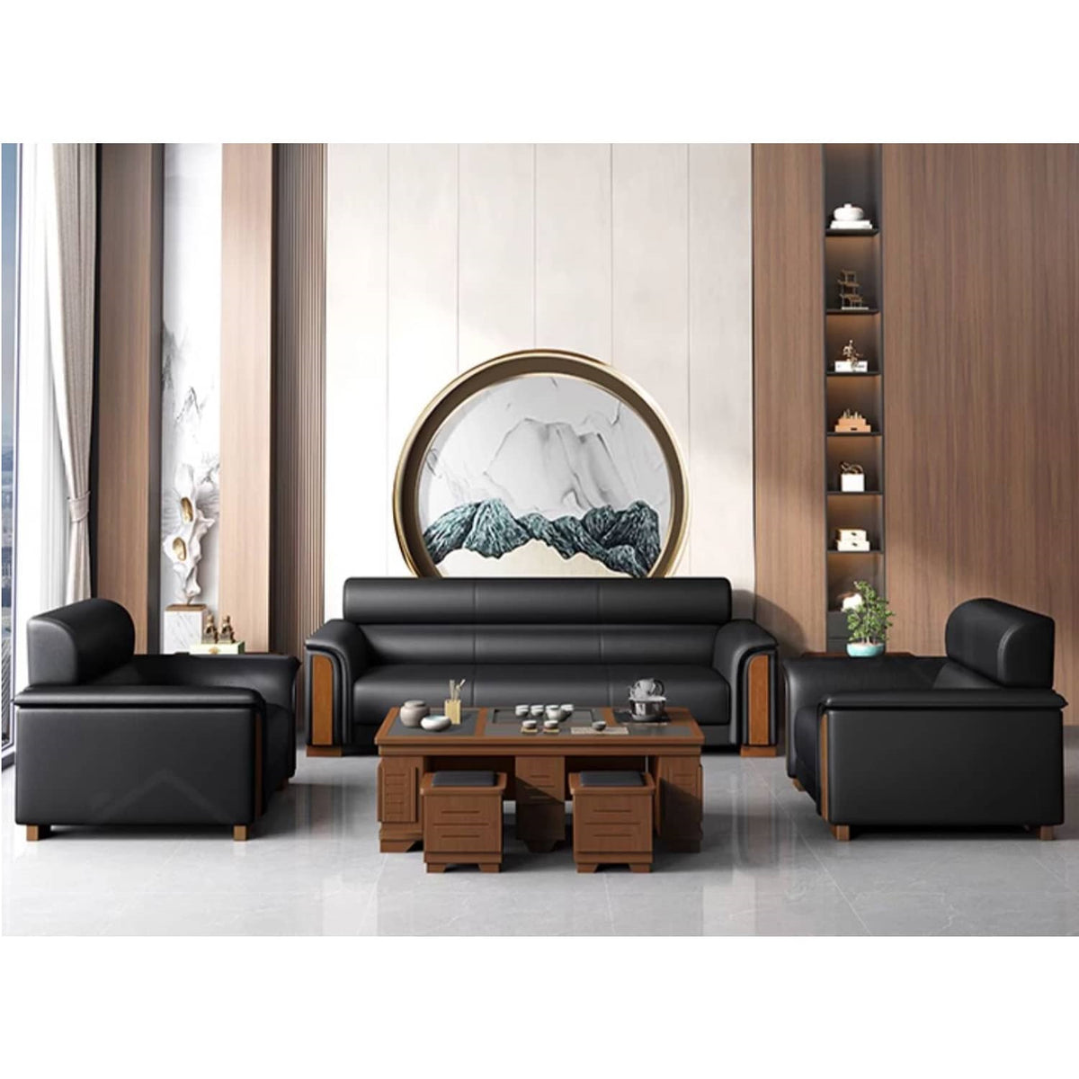 Stylish Solid Wood Sofa with Faux Leather Upholstery in Black, Light Brown, and Gray fsj-1035