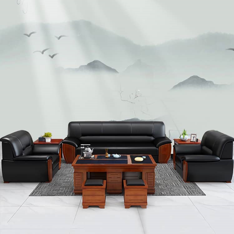 Elegant Black and Light Brown Solid Wood Faux Leather Sofa for Luxurious Living Rooms fsj-1036