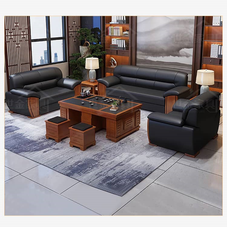 Elegant Black and Light Brown Solid Wood Faux Leather Sofa for Luxurious Living Rooms fsj-1036