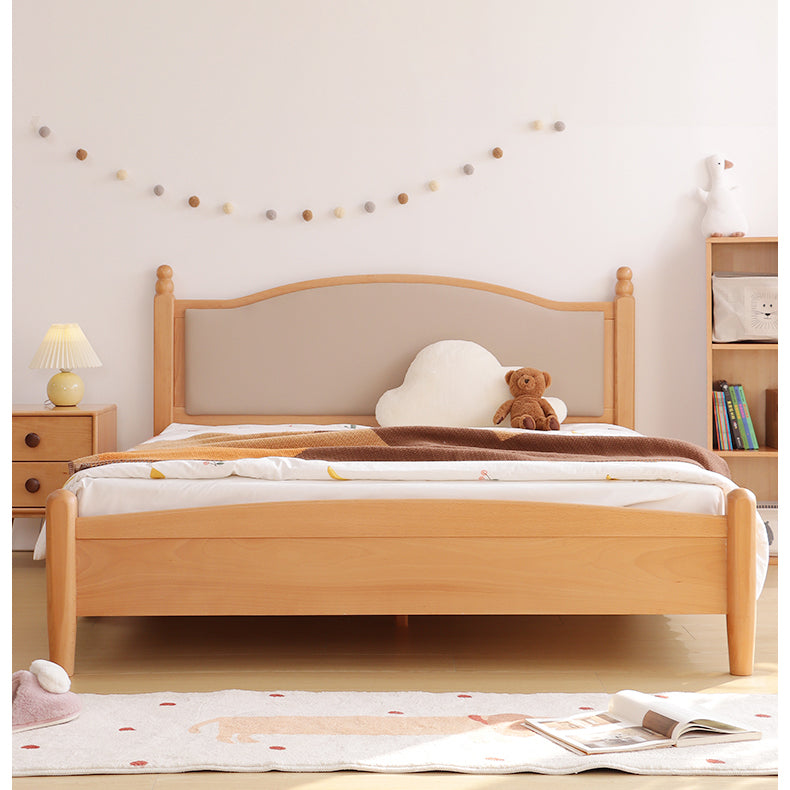 Nature-Inspired Light Brown Bed in Beech and Pine Wood with Faux Leather Trim fslmz-1092