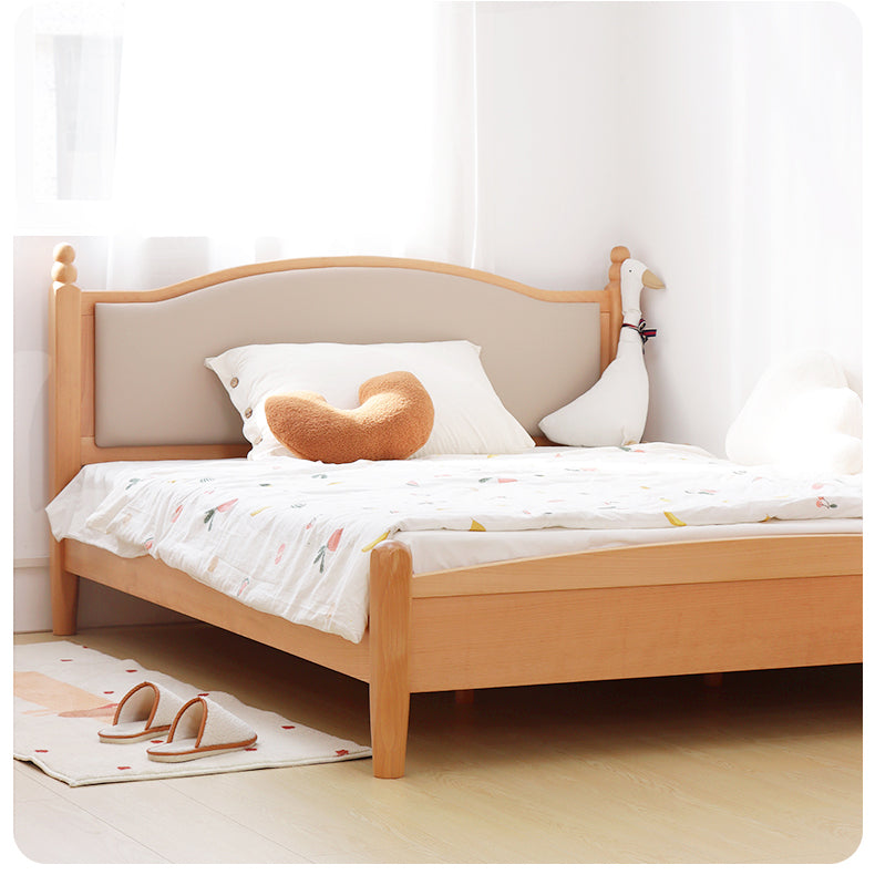Nature-Inspired Light Brown Bed in Beech and Pine Wood with Faux Leather Trim fslmz-1092
