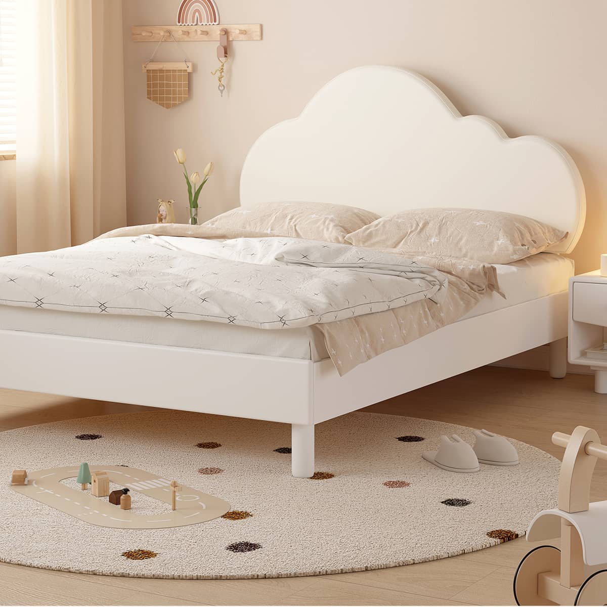 Elegant Wooden Bed with White Beech, Cedar, Pine, and Faux Leather Finish fslmz-1102