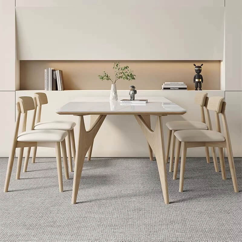 Elegant White Table with Sintered Stone and Ash Wood Multi-Layer Board - Modern Design fsm-313