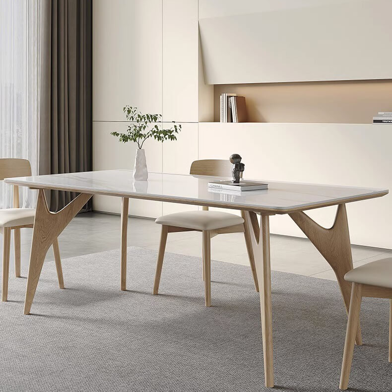 Elegant White Table with Sintered Stone and Ash Wood Multi-Layer Board - Modern Design fsm-313