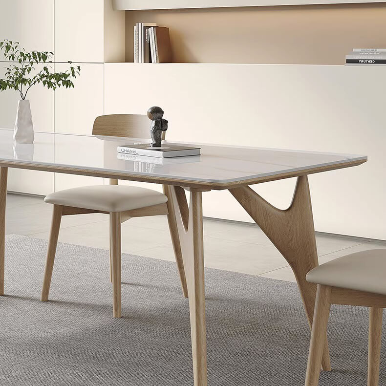 Elegant White Table with Sintered Stone and Ash Wood Multi-Layer Board - Modern Design fsm-313