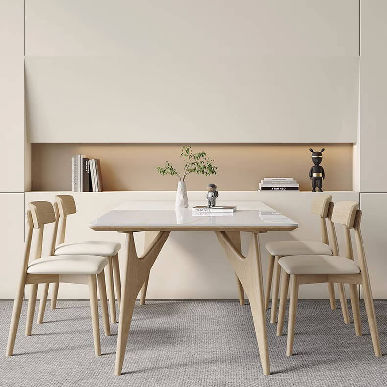 Elegant White Table with Sintered Stone and Ash Wood Multi-Layer Board - Modern Design fsm-313