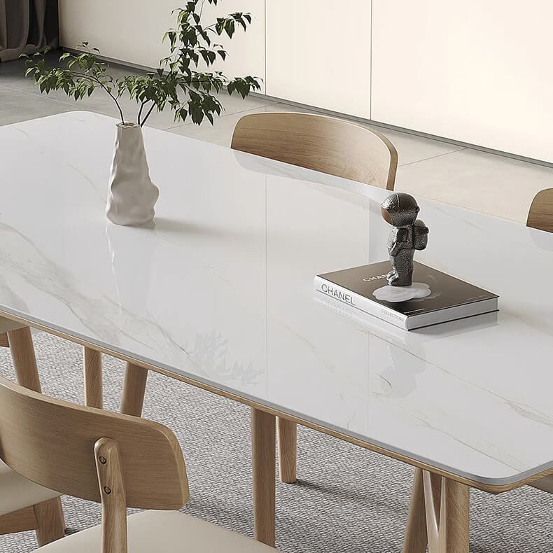 Elegant White Table with Sintered Stone and Ash Wood Multi-Layer Board - Modern Design fsm-313