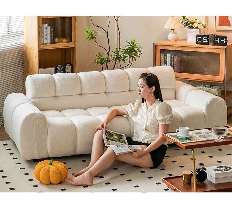 Modern White Sofa with Green, Blue, and Gray Accents - Black Wood Frame and Faux Lambswool Silicon Fill for Ultimate Comfort fsmy-450