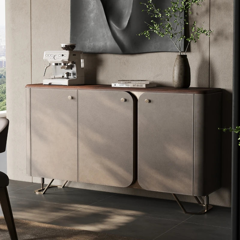 Stylish PU Leather and Black Walnut Cabinet with Modern Design and Multi-Layer Storage fsu-5239