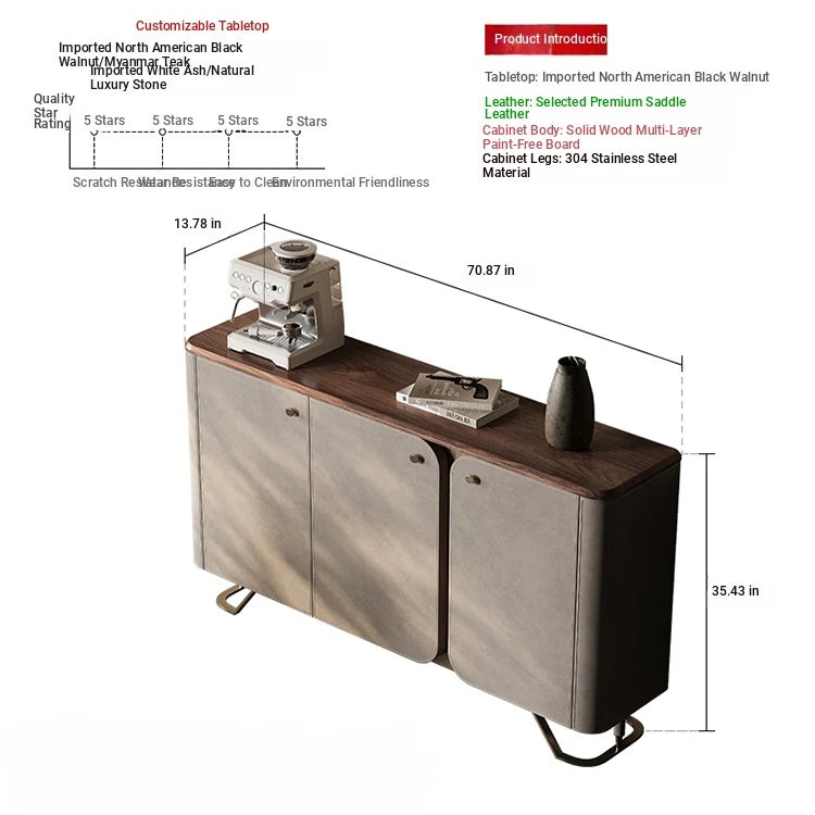 Stylish PU Leather and Black Walnut Cabinet with Modern Design and Multi-Layer Storage fsu-5239