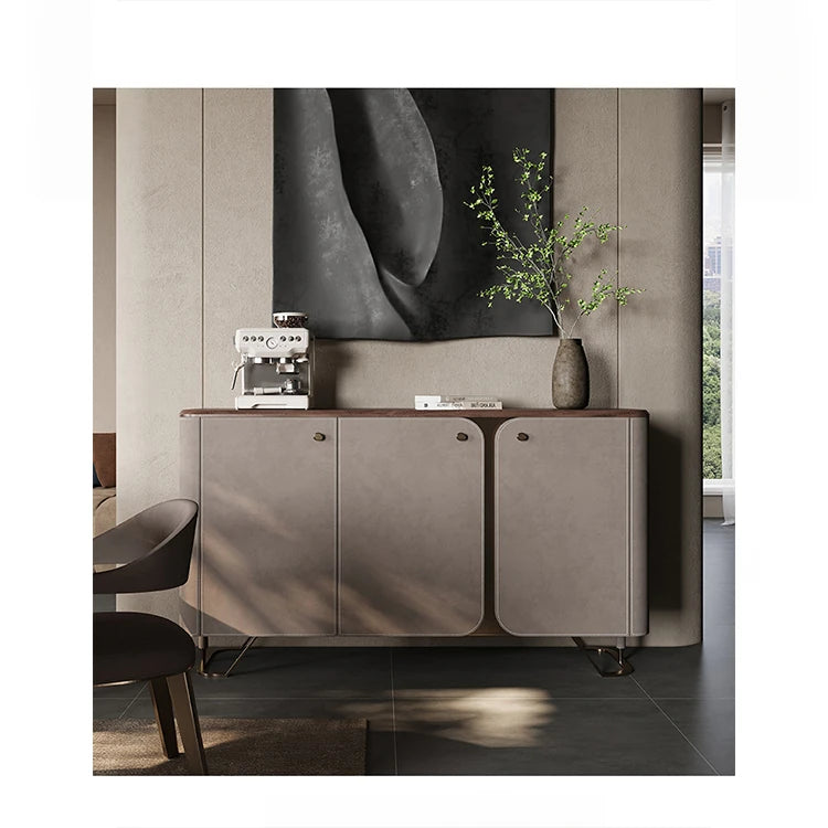 Stylish PU Leather and Black Walnut Cabinet with Modern Design and Multi-Layer Storage fsu-5239