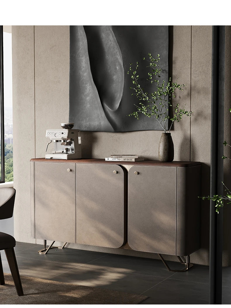 Stylish PU Leather and Black Walnut Cabinet with Modern Design and Multi-Layer Storage fsu-5239