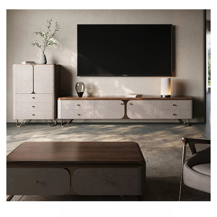 Stylish PU Leather TV Stand with Black Walnut Top and Metal Legs – Modern and Functional Entertainment Unit fsu-5242