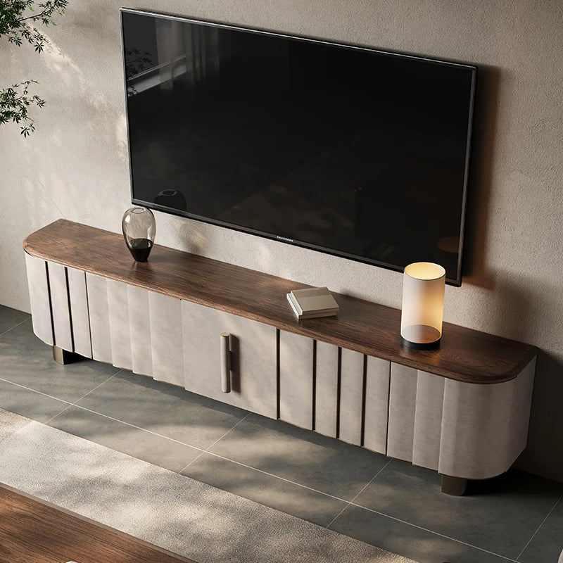 Sleek PU Leather TV Stand with Black Walnut Wood Finish - Modern Multi-Layer Board Design for Stylish Living Rooms fsu-5245